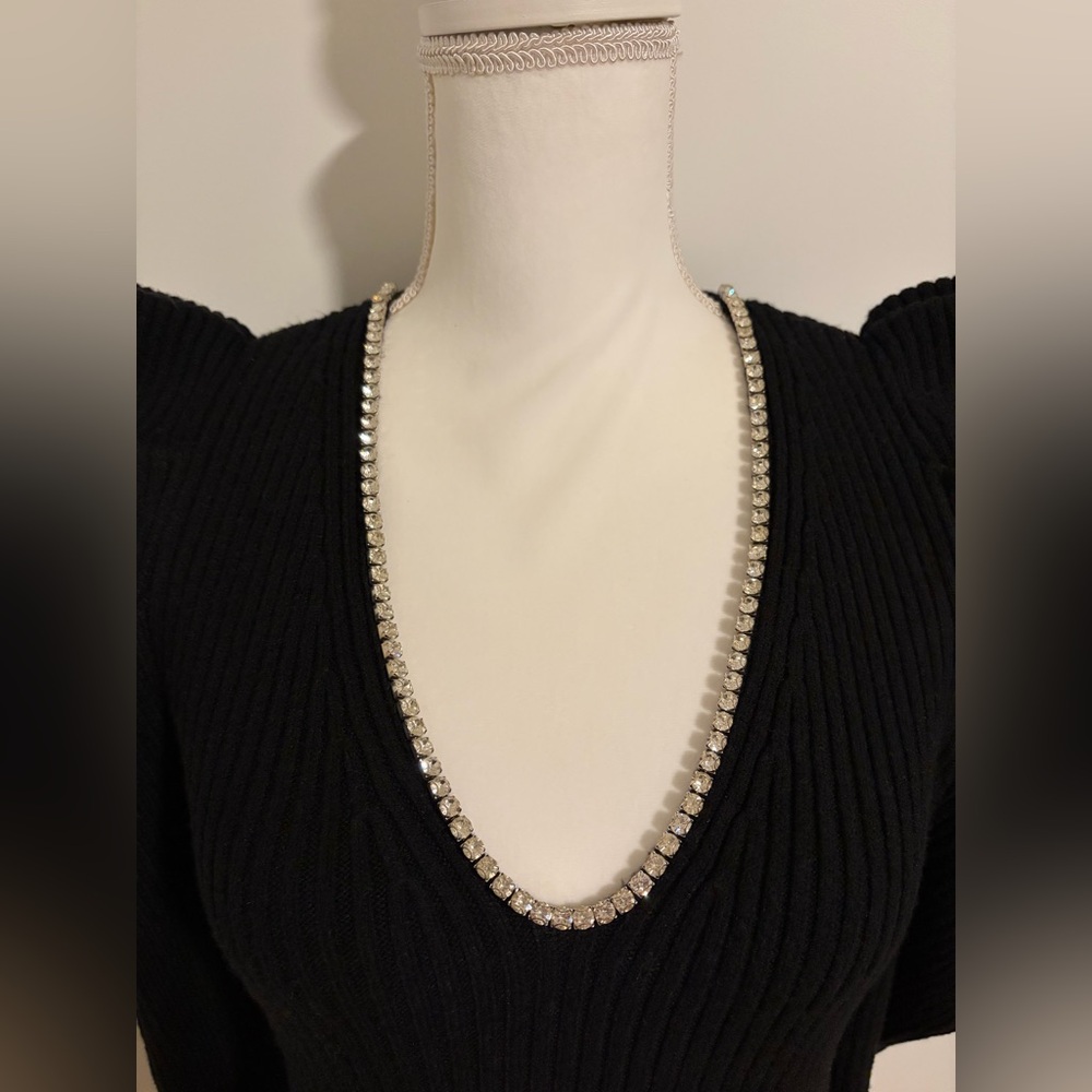Express Black Ribbed Crystal Encrusted Neckline Puff Shoulder Sweater Women’s Sm - Picture 4 of 10